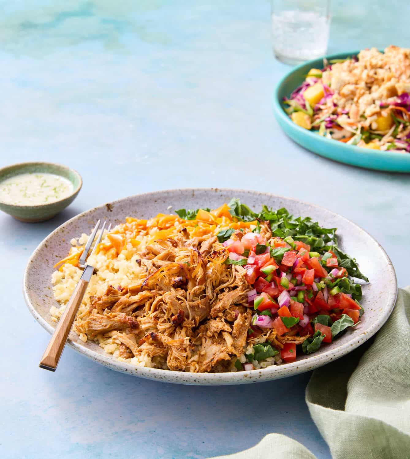 Shredded chicken with rice, fresh salsa, and green sauce on a plate for a healthy meal.