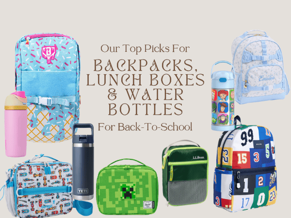 Collection of backpacks, lunch boxes, and water bottles for back-to-school shopping.